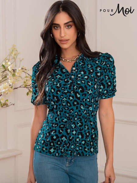 Pour Moi Green Jodie Fuller Bust Slinky Stretch Half Button Top (N72160) | ₪196