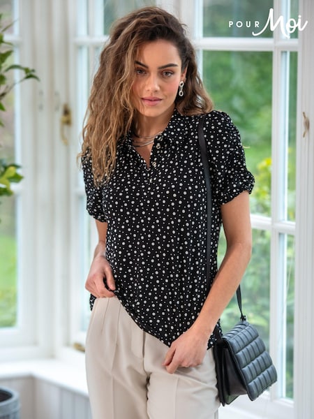 Pour Moi Black/White Jodie Fuller Bust Slinky Stretch Half Button Top (N72171) | €30