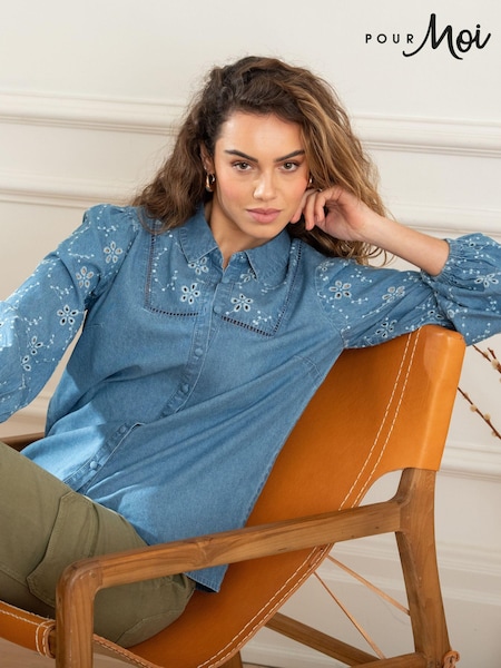 Pour Moi Bonnie Fuller Bust Chambray Broderie Long Sleeve Shirt (N72190) | €66