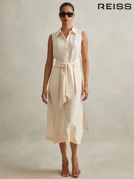 Reiss Cream Morgan Viscose Blend Belted Shirt Dress (N72367) | €73