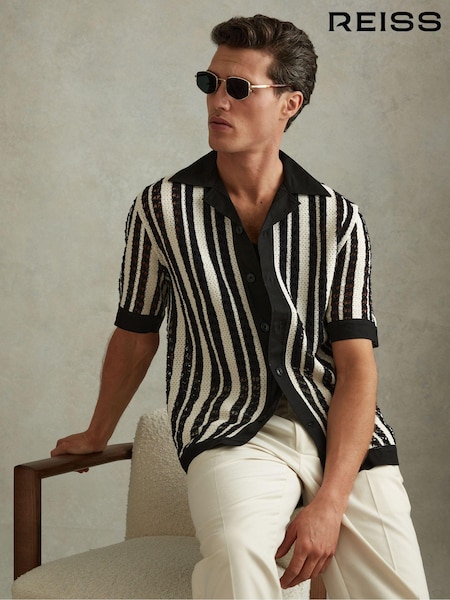 Reiss Black/Ecru Romy Crochet Cuban Collar Shirt (N72379) | AED922