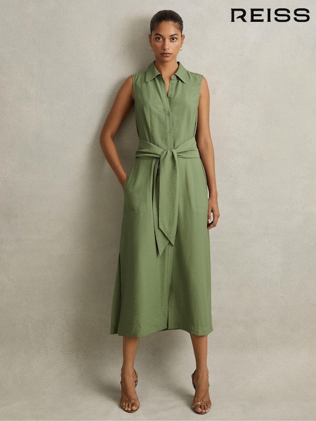 Reiss Green Morgan Viscose Blend Belted Shirt Dress (N72411) | €186