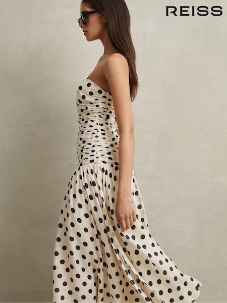 Reiss White/Black Rue Viscose Linen Polka Dot Ruched Maxi Dress (N72492) | 1,970 QAR