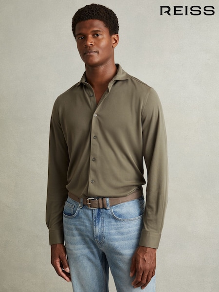 Reiss Khaki Bobby Modal Blend Cutaway Collar Shirt (N72502) | 720 QAR