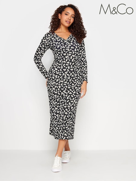 M&Co Black Gathered V-Neck Midi Dress (N72594) | € 10