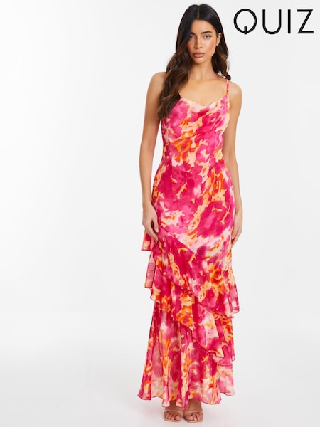 Quiz Pink Chiffon Smudge Print Cowl Front Maxi Dress (N72663) | €16