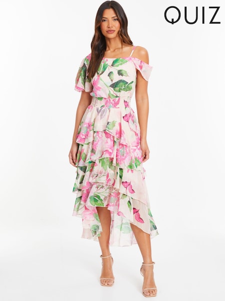 Quiz Natural Chiffon Cold Shoulder Tiered Dip Hem Dress (N72672) | €44