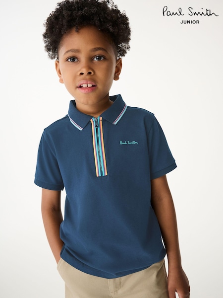 Marineblau - Paul Smith Junior Boys Short Sleeve Artist Quarter Zip Polo Shirt (N72787) | 70 €