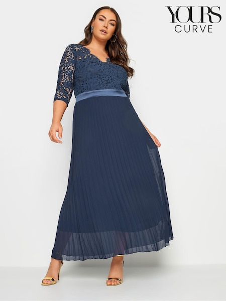 Yours Curve Blue Lace Wrap Pleated Maxi Dress (N72843) | AED524