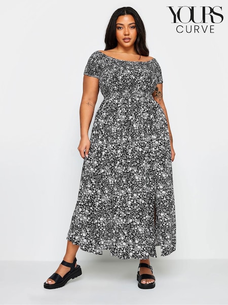 Yours Curve Black Ditsy Floral Print Shirred Bardot Maxi Dress (N72851) | €13