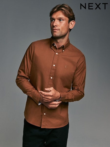Tan Brown Slim Fit Long Sleeve Oxford 100% Cotton Shirt (N73057) | €14