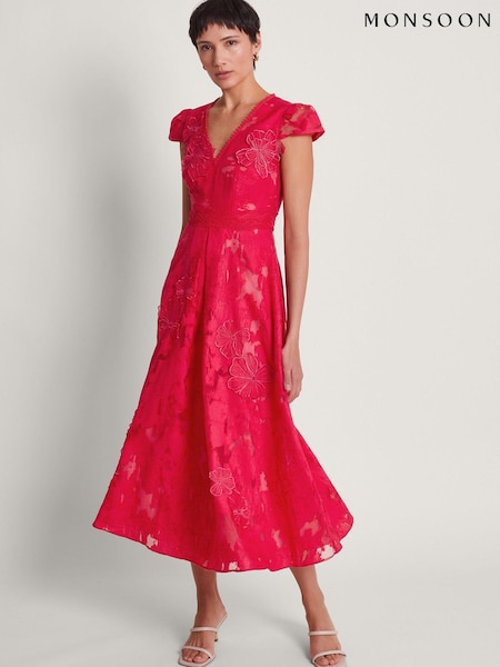 Monsoon Red Josie Jacquard Tea Dress (N73223) | €89