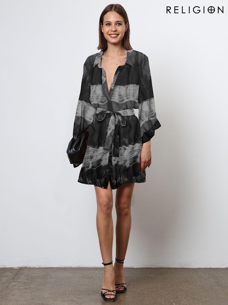Religion Black Tie Dye Tunic Shirt Dress With Kimono Sleeves in Bright Floral Print (N73383) | 445 QAR