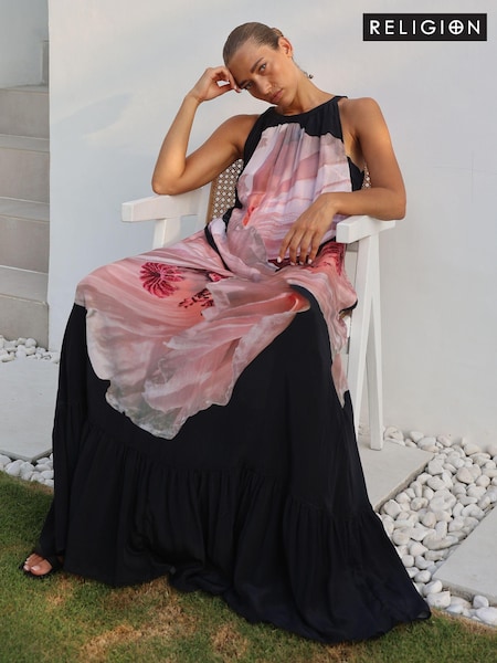 Vaaleanpunainen Kukallinen Printti; kuvio - Religion Halterneck Maxi Dress With Large Floral Placement Print In Cupro (N73385) | €205