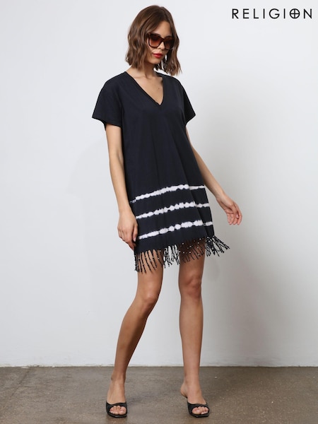 Negru - Religion 100% Cotton Particle Mini Tunică Rochie With Țesătură multicoloră și Tassles (N73386) | 267 LEI