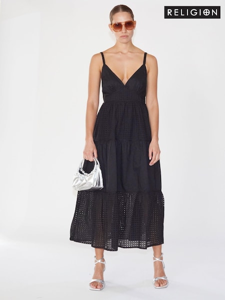 Religion Black 100% Cotton Strappy Maxi Summer Dress (N73389) | €84