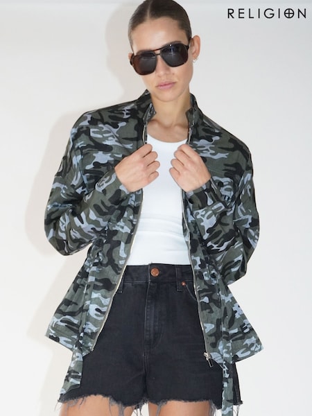 Religion Utility Style Jacket With Patch Pockets and Belt in Camo (N73396) | 340 LEI