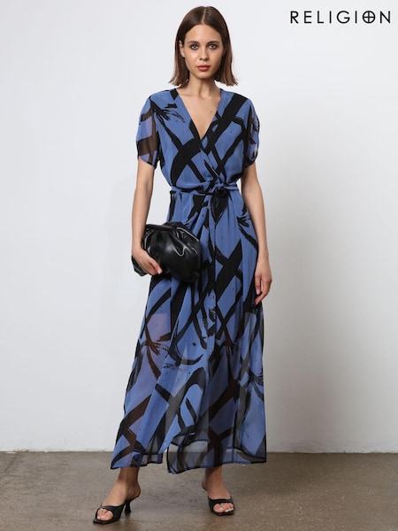 Religion Blue The Dusk Wrap Dress With Cap Sleeve in Abstract Print (N73397) | €73