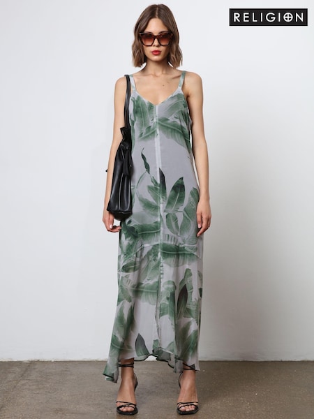 Religion Green Maxi Slip Dress With Adjustable Straps in Botanic Print (N73399) | € 68