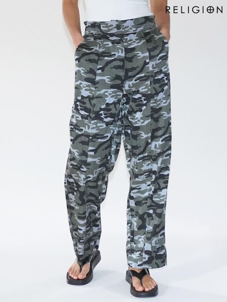 Religion Grey/Green Wide Lege Cargo Trousers in Soft Cotton (N73406) | €42