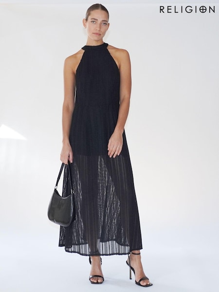 Religion Black Halterneck Maxi Dress in Crochet With Half Lining (N73408) | €57
