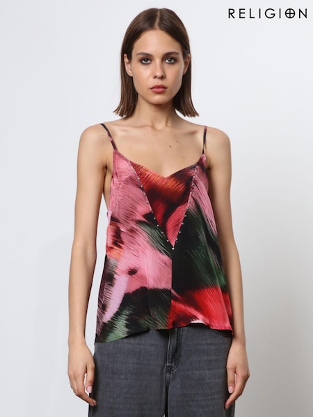 Religion Pink Camisole in Bright Pink Print With Stud Detailing (N73418) | €27
