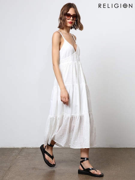 Religion White 100% Cotton Strappy Maxi Summer Dress (N73420) | €70