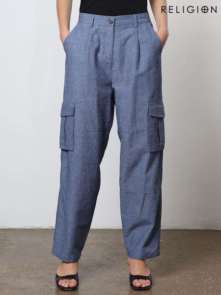 Religion Blue Linen Mix Cargo Utility Trousers (N73428) | €49.50