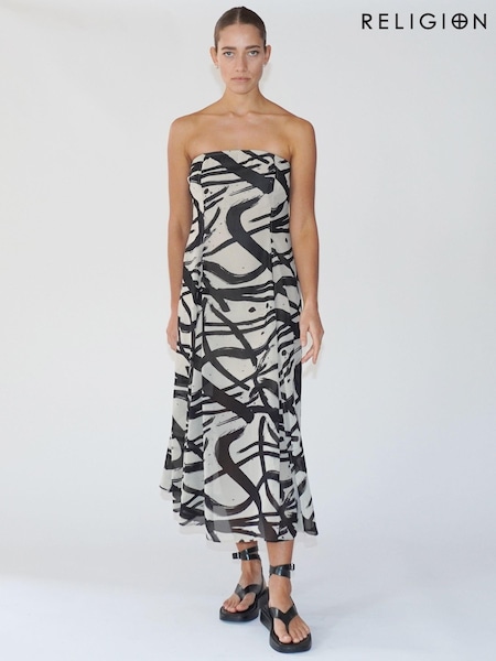 Religion Black/White Bandeau Midi Dress in Georgette Prints (N73431) | €51