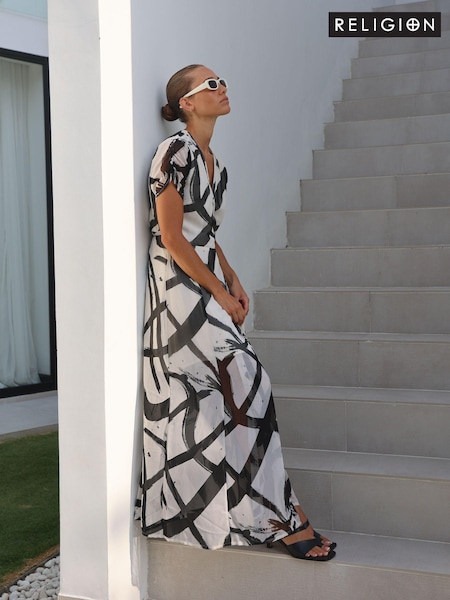 Religion White The Dusk Wrap Dress With Cap Sleeve in Abstract Print (N73432) | 235 QAR