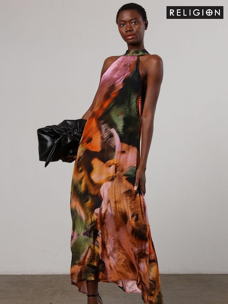 Religion Orange Halterneck Maxi Dress in Abstract Print (N73449) | 247 QAR