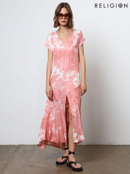 Religion Pink V-Neck Maxi Dress With Cap Sleeves in Pink Tie Dye (N73453) | €60