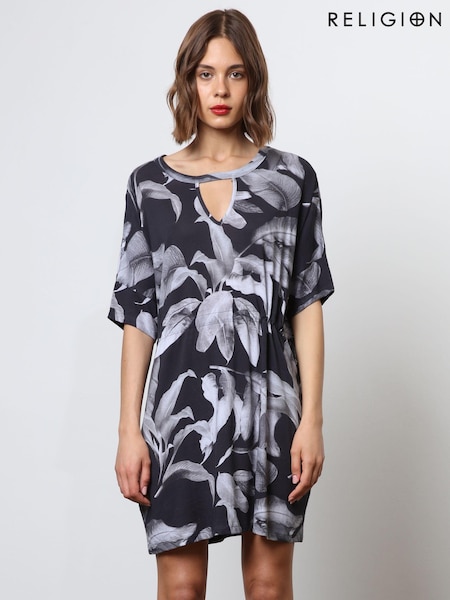 Religion 100% Cotton Jersey Tunic Dress With Tie Waist in Abstract Print (N73471) | 271 LEI