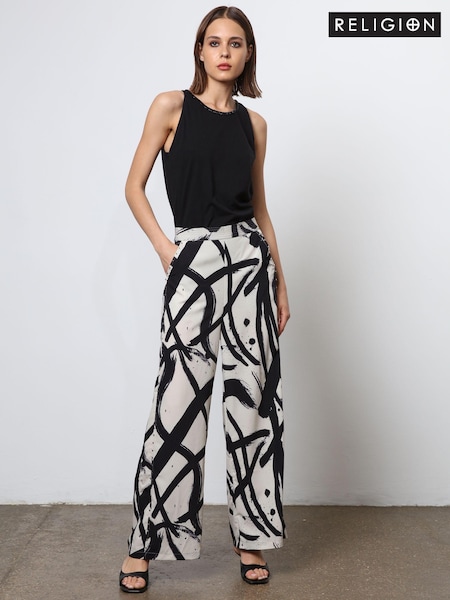 Religion Cream Wide Leg Trousers in Abstract Print With Stud Trim (N73479) | €38