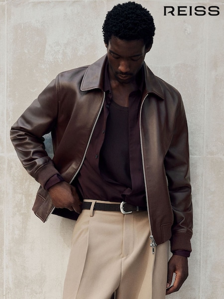 Bordeaux - Regular Reiss Carletton Leather Zip-through Collared Bomber Jacket
