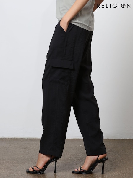 Negru - Religion Smart Utility Cargo Trousers With Pockets in Cupro (N73494) | 250 LEI