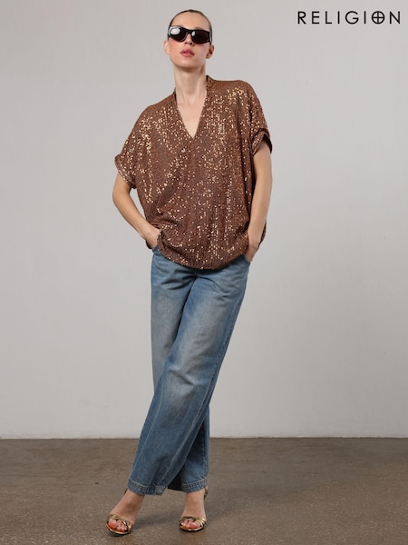 Religion Gold Metallic Oversized Tunic Blouse in Sequin (N73495) | €56
