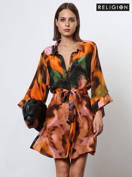 Religion Orange Tunic Shirt Dress With Kimono Sleeves in Bright Floral Print (N73497) | 445 QAR