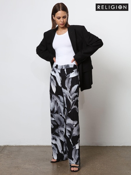 Religion Black Wide Leg Trousers in Botanic Print in Crepe (N73501) | €46