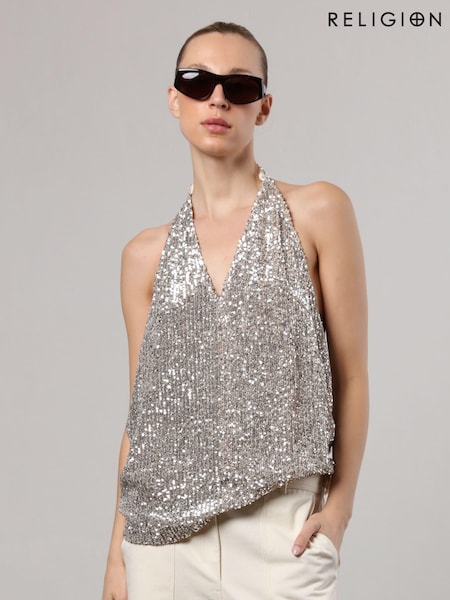 Religion Metallic Sequin Backless Top With Halter Neck (N73504) | 30 €
