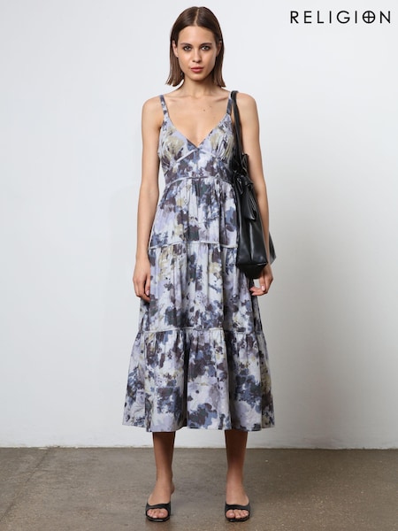 Religion Blue Floral Print 100% Cotton Strappy Maxi Summer Dress (N73505) | €84