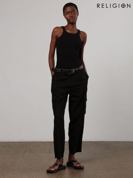 Religion Black Linen Mix Cargo Utility Trousers (N73517) | €49.50