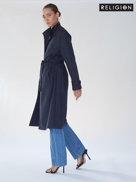 Religion Grey Long Pinstriped Belted Sharp Jacket (N73520) | €70