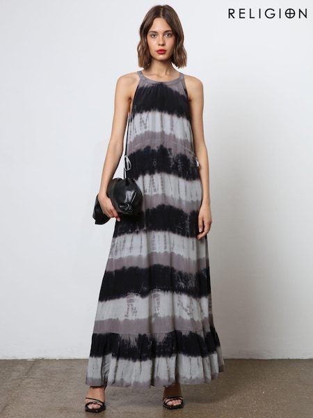 Religion Black Tie Dye Halterneck Maxi Dress With Large Floral Placement Print in Cupro (N73521) | €99