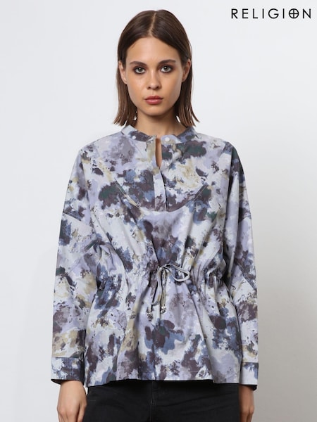 Religion Blue Floral Print Loose Fitting Shirt With Drawstring Waist (N73526) | €65
