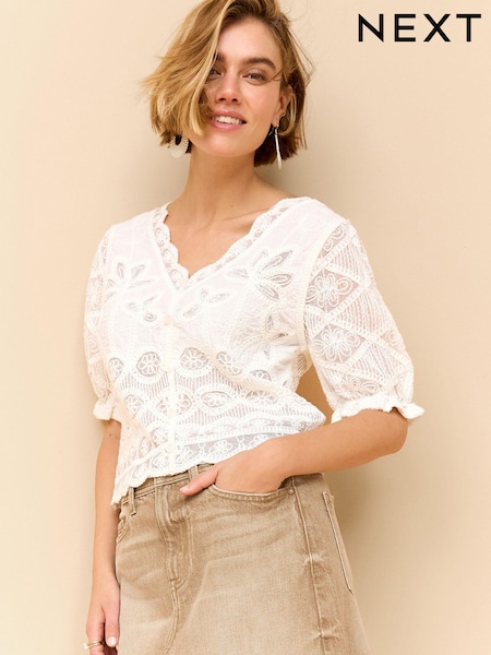 Weiß - Gehäkeltes Sommeroberteil mit Puffärmeln 100 % Baumwolle (N73647) | 19 €