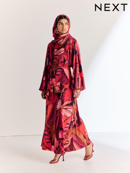 Red Print Long Sleeve Scarf Maxi Dress (N73692) | €9