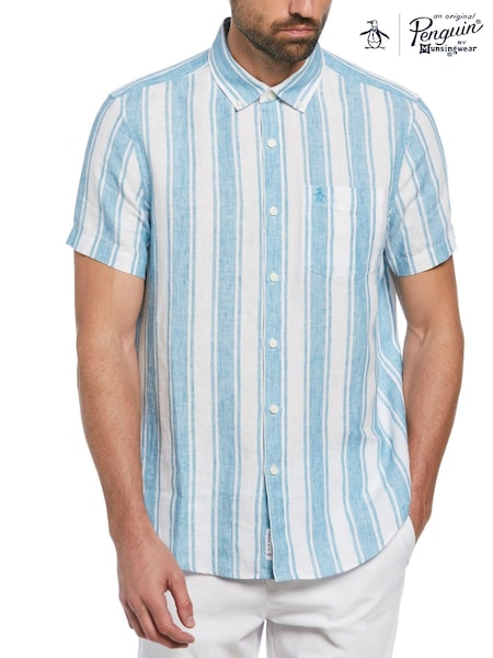 Original Penguin Blue Vertical Stripe 100% Linen Short Sleeve Shirt (N73791) | €47.50