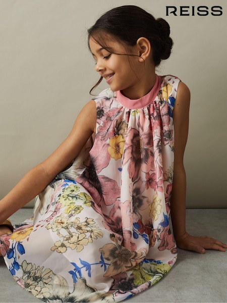 Reiss Pink Print Kady 9-13 yrs Floral Print Halter Neck Dress (N74028) | €120