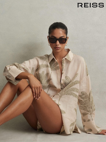 Reiss Neutral Oskia Linen Tropical Print Shirt (N74032) | €95